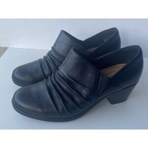 Clarks Collection Iridessa Rae Black Leather Pleated Slip-On Heels Shoes 7W